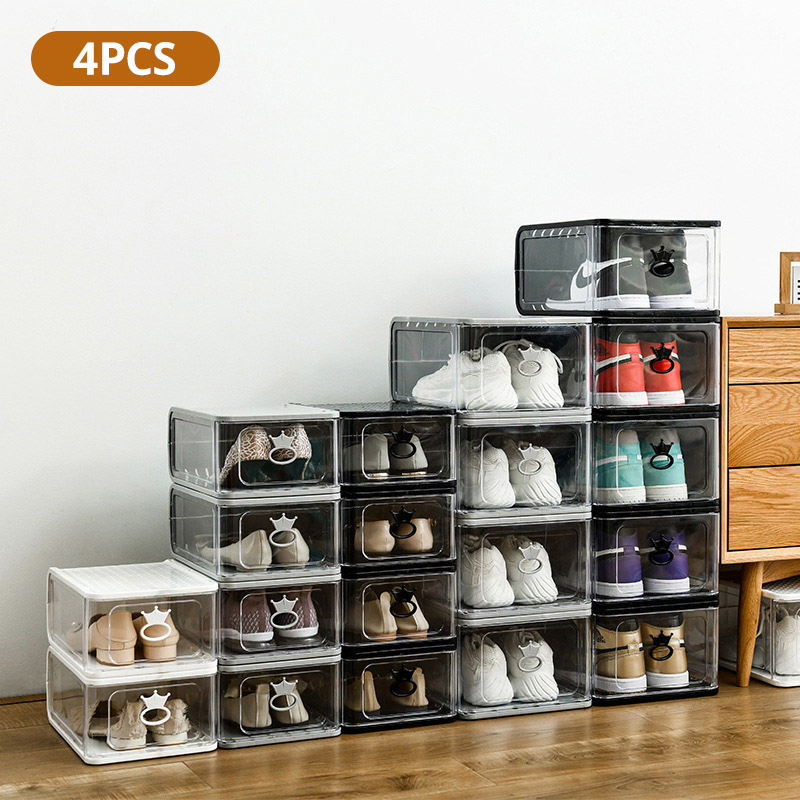 

4PCS Large high-end thick transparent plastic shoe box detachable folding shoe boxes storage artifact dustproof cabinet