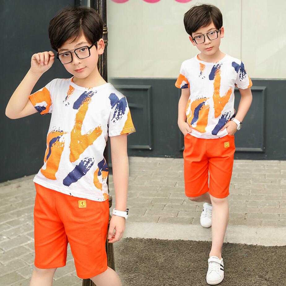 

New Fashion Kids Boys clothes summer outfits Cotton Teenage Boys Clothing casual Suit Children Short Sleeve Shirt Shorts Set, Orange