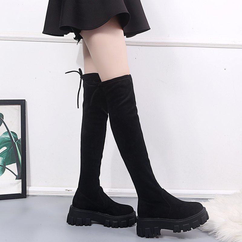 

Women's Over-the-knee Boots Autumn New Fashion Long Boots for Women Platform Flock Round Toe High Women's Shoes, Black