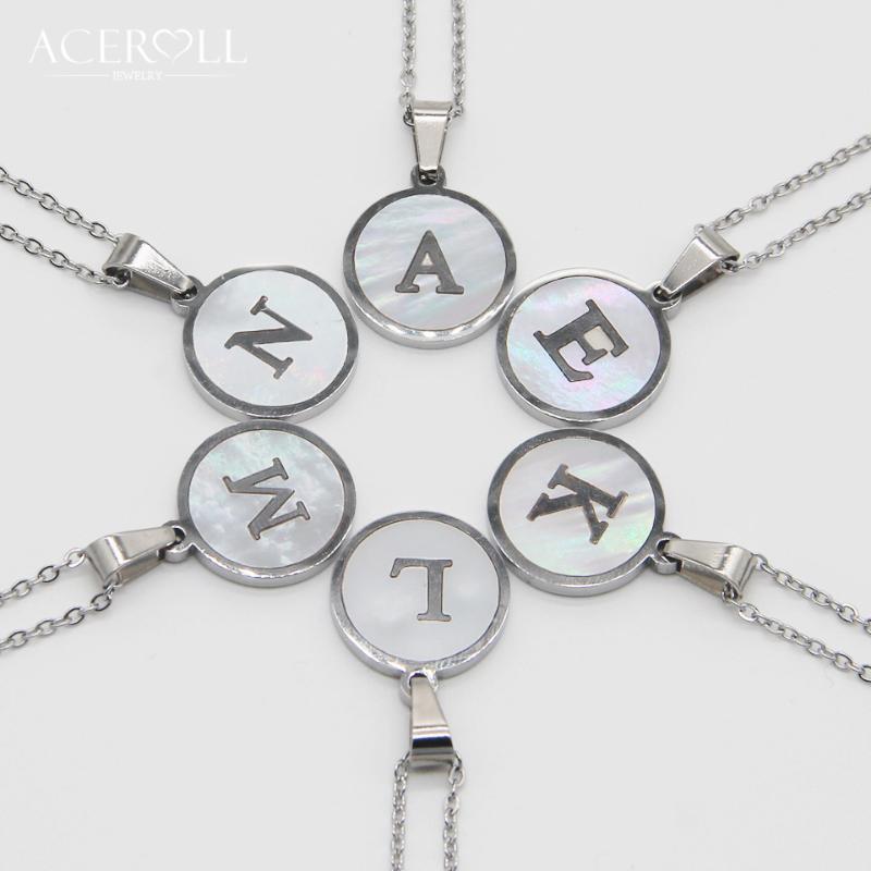 

ACEROLL Initial Letter Necklace - Silver Color Stainless Steel Round Mother of Pearl Alphabet Name Pendant Necklace for Women