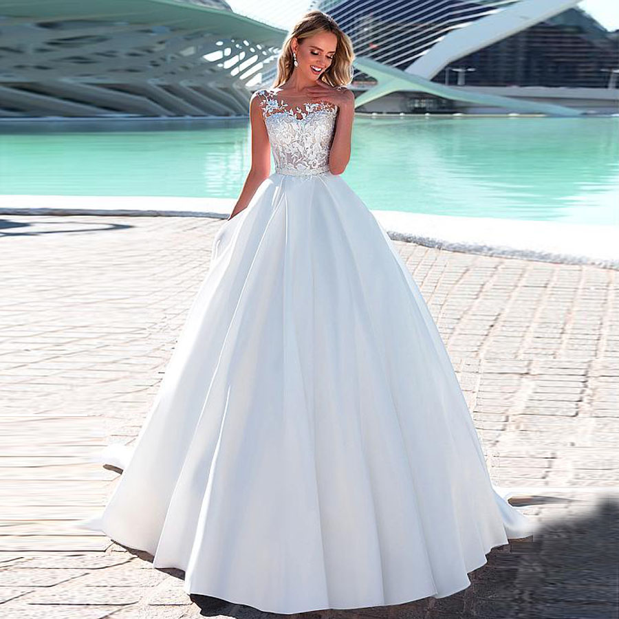 

Custom Made Ball Gown Satin Wedding Dresses Appliques Illusion O-Neck Bridal Gowns Robe De Mariee, White