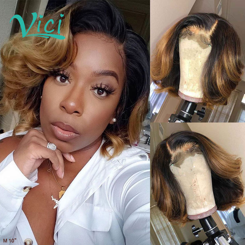 

Ombre Human Hair Short Bob Wig for black women Brown Honey Blonde Colored 13x4 Lace Front Wigs Remy Wig Preplucked 150 Density, As pic