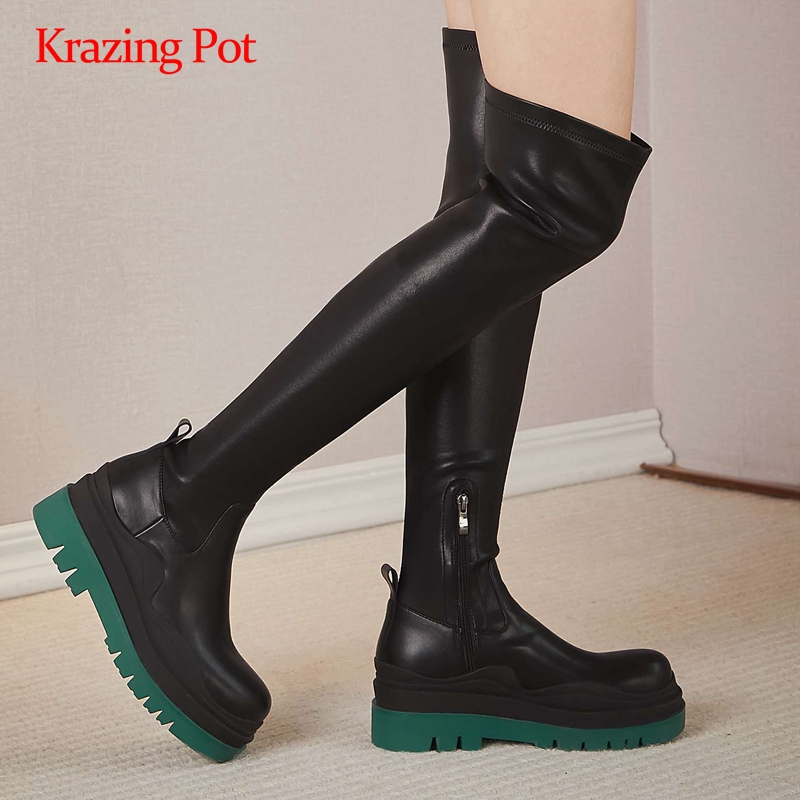 

Krazing pot equestrian boots real leather stretch mixed colors round toe platform thick high heel dating over-the-knee boots L96, Beige