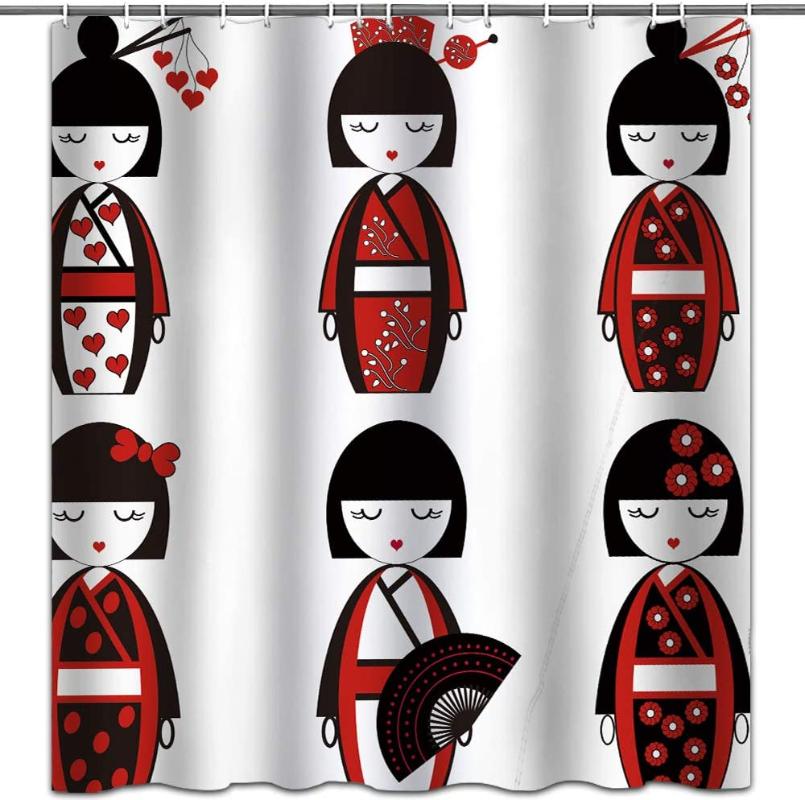 

Japanese Girl Traditional Women Cloth Fabric Shower Curtain Sets Bathroom Decor with Hooks