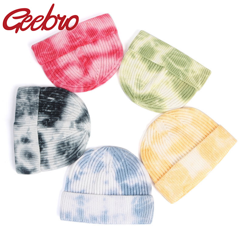 

Geebro Women Tie-dye Winter Beanie Hat Knitted Beanie Hat Colorful Skullies Cap Autumn Fur Hats for Female Short skullcap, Blue