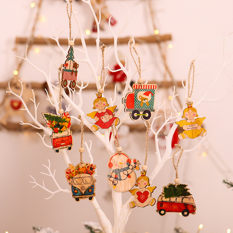 

6pcs/lot Lovely Angel Snowman Car Bear Natural Wood Christams Pendant Ornaments for Christmas Party Home Decoration Hanging Gift