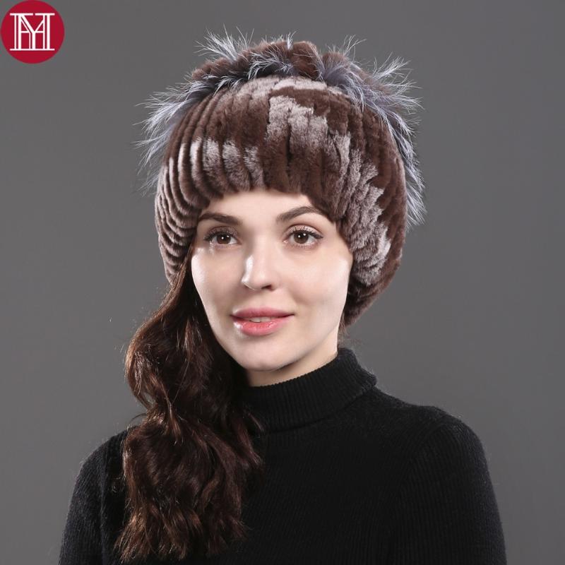 

2020 New Style Thickening Warm Rex Fur Hat 100% Real Rex Fur Cap With Silver Flower Knitted Beanie Hat, Coffee