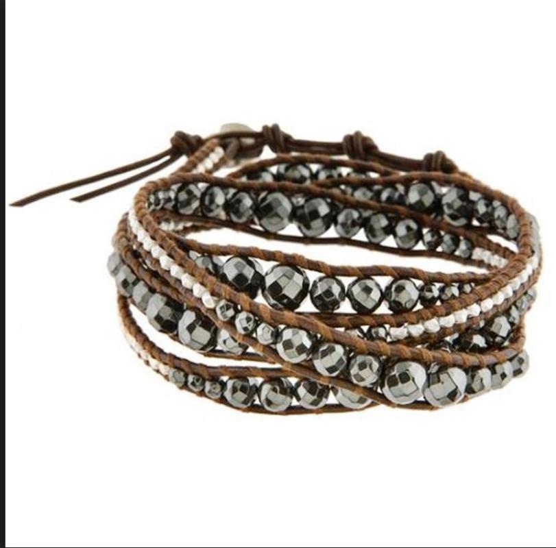 

4mm 6mm 8mm facted hematite leather bracelet