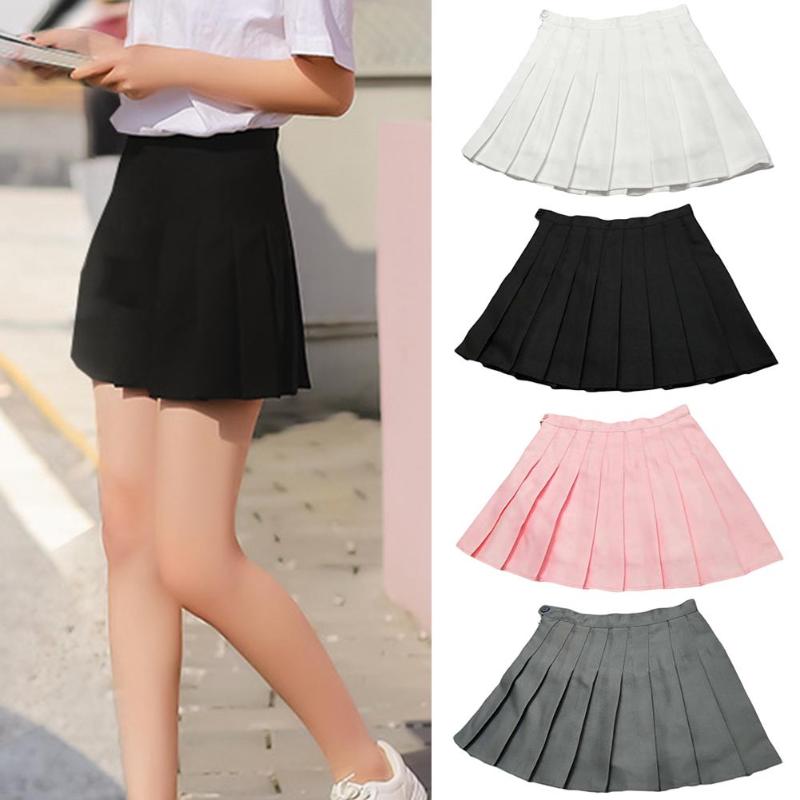 

FashionSummer Women Skirt 2020 Solid Color High Waist Stitching Student Pleated Skirts Women Cute Sweet Girls Dance Mini Skirt, White