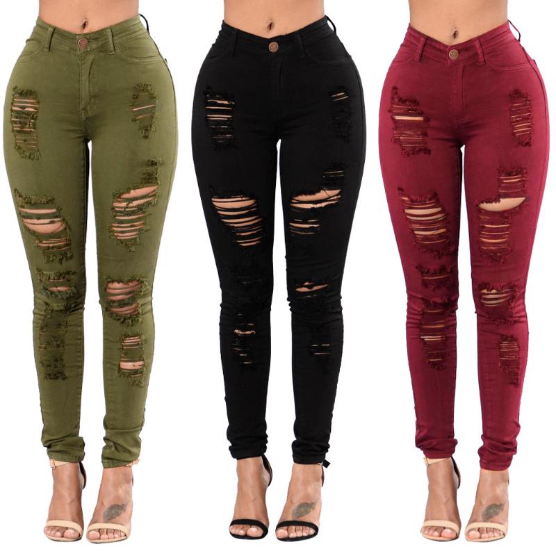 

woman jeans high waist KLV Women' jeans high waist button pocket tights hole small feet trousers 9.18, Red