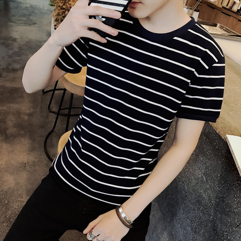 

Short sleeve T - shirt men's summer clothes men's T - shirt trend Korean slim collar stripe half sleeve, White