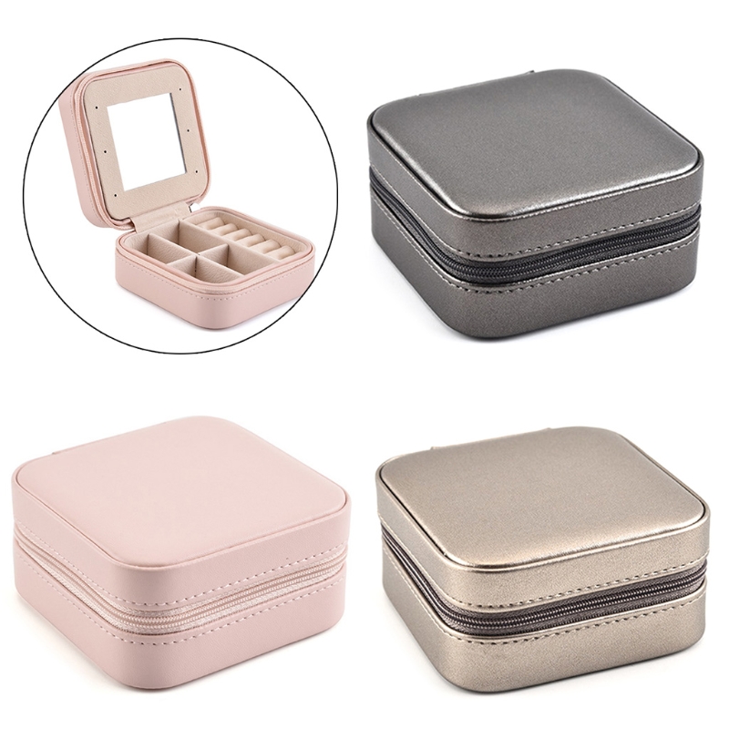 

Protable Travel Leather Jewelry Box Organizer Display Earrings Ring Necklace Jewellery Zipper Storage Case Women Girls Gifts