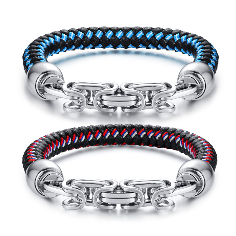 

Exotic Style Trendy Stainless Steel Jewelry Men's Chain Genuine Leather Braided Red and Blue Bracelet Accessories Top Sale 2020