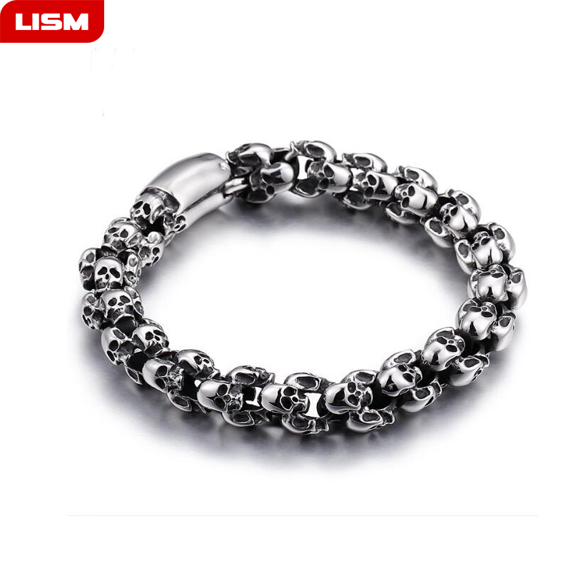 

Punk 22.5cm Long Skull Bracelets For Men Stainless Steel Shiny Skull Charm Link Chain Brecelets Male Gothic Jewelry 2020