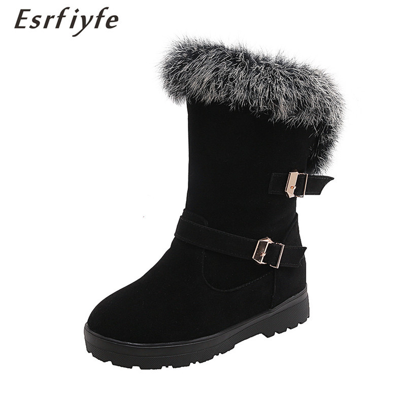 

ESRFIYFE 2020 New Winter Women Casual Warm Fur Mid-Calf Boots Shoes Women Slip-On Round Toe Snow Boots Shoes Plus Size 34-50, Black