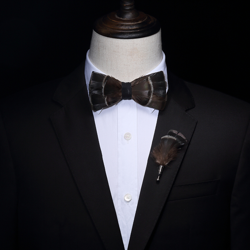 

New free shipping men's male Feather men women dress British fashion high-end bow tie set business export wedding banquet brooch