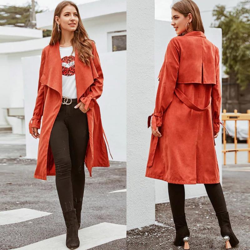 

Long Trench Coat For Women Slim Female Coat Sashes Down Red Khaki Windbreaker Outerwear Autumn Winter Trenchcoat Outwear#G30, Orange
