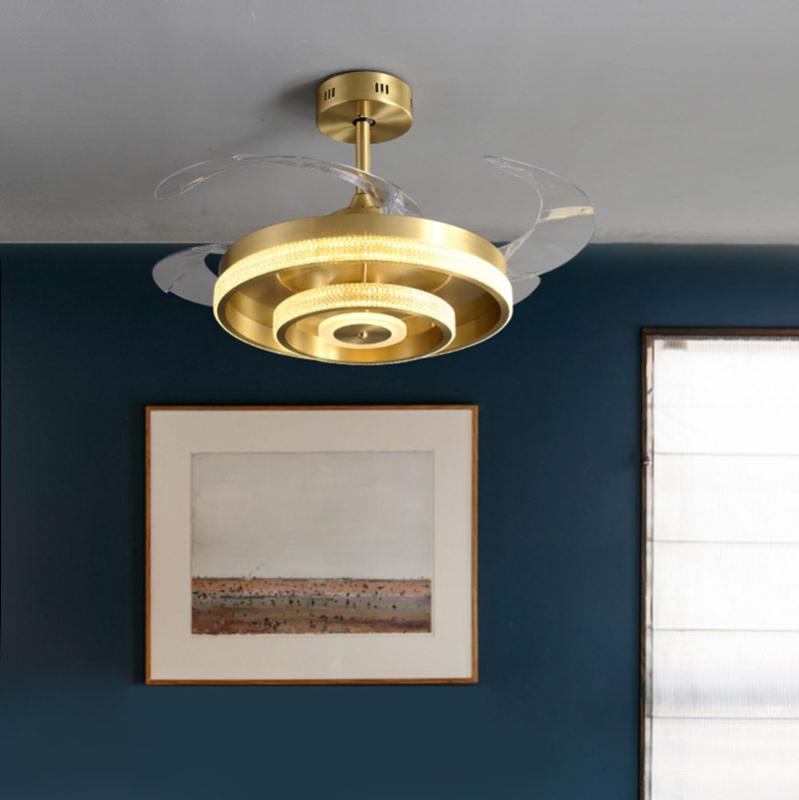 

Light luxury copper lampshade invisible fan chandelier simple bedroom frequency conversion fan lamp