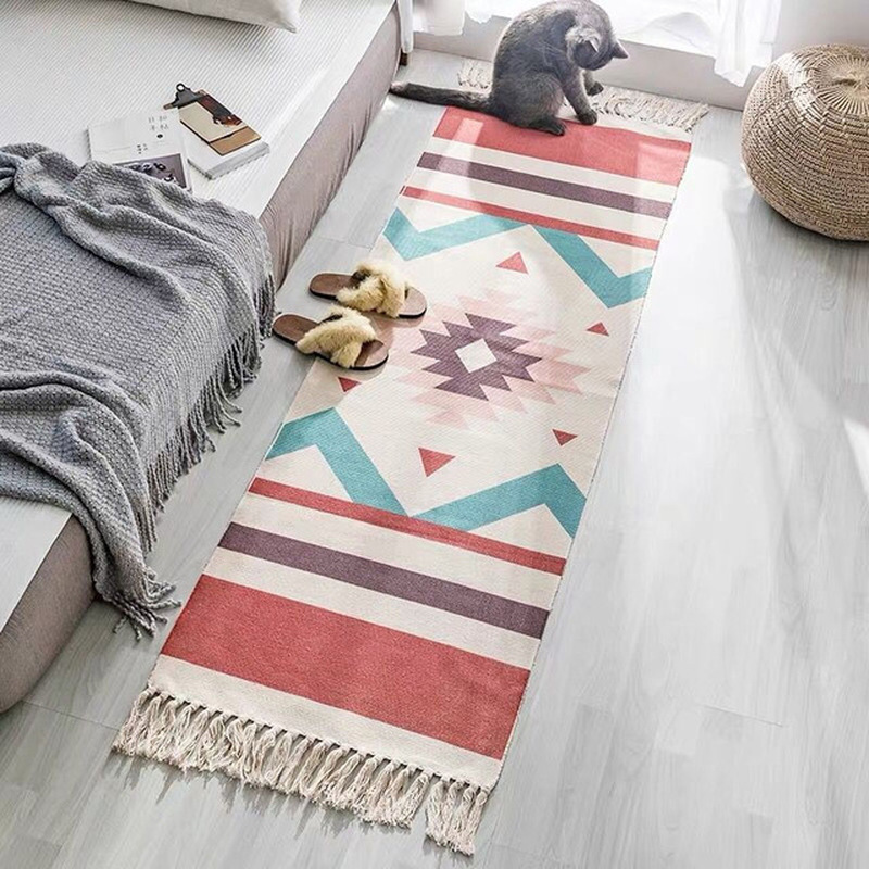 

Ethnic Carpet Kitchen Floor Mat Long Striped Geometric Woven Carpet Scandinavian Bedroom Cotton Oriental Decorative Tapestry, Green
