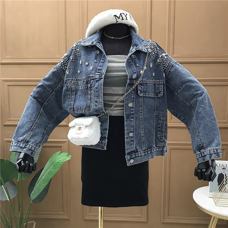 

2020 new heavy industry diamond long sleeve denim short jacket female loose Korean BF jacket tide 0228, Blue