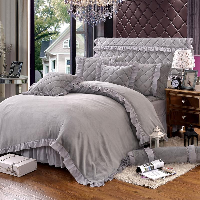 

46 Luxury Velvet Plush Bedding set Queen King 4/6Pcs Duvet Cover Quilted Thick Bedskirt Bedspread Heavyweight Warm Soft 4/6Pcs, Color 2