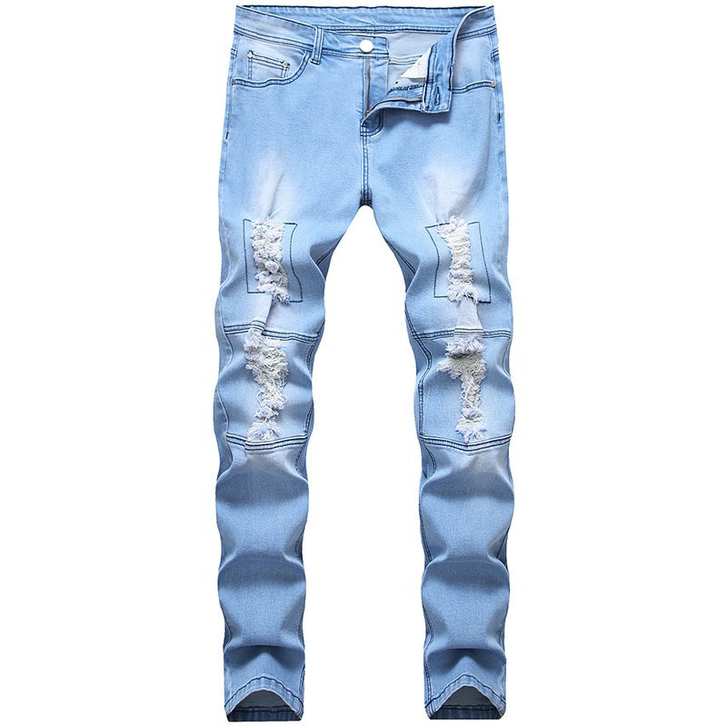 

Men's Jeans Men Tide Ripped Trend Pants Long Stretch Slim Hole Destroyed Light Blue Large Size Casual Male