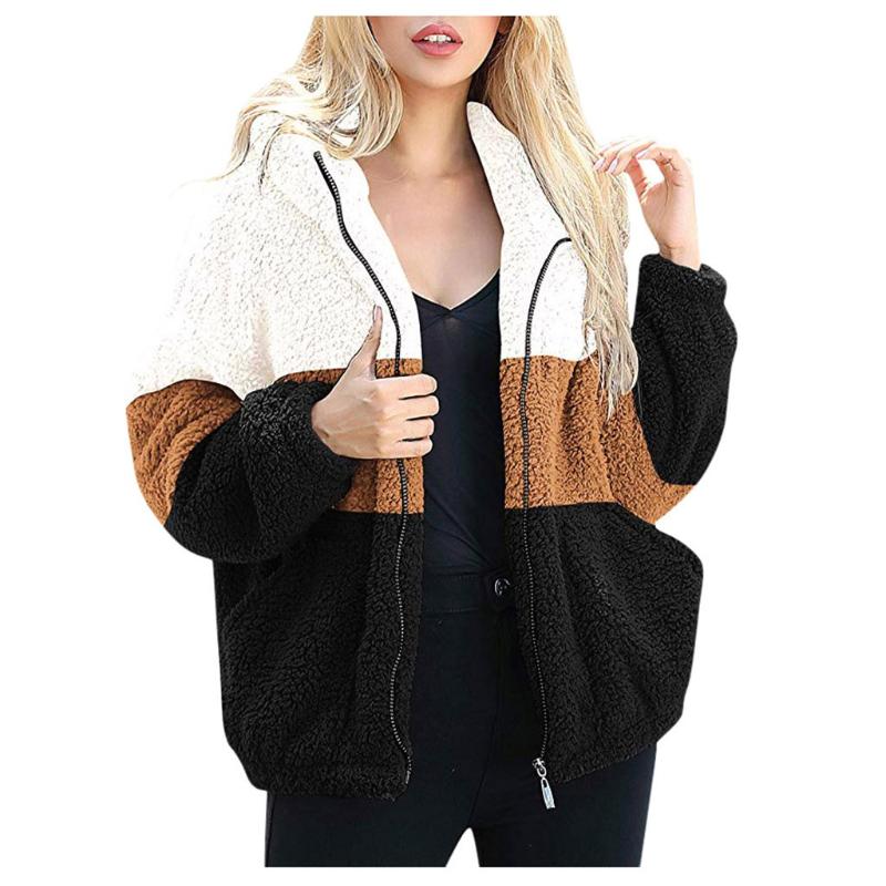 

Women Jacket Women's Contract Color Fleece Long Sleeve Hooded Zipper Jacket Coat Outwear Women's Winter, Brown