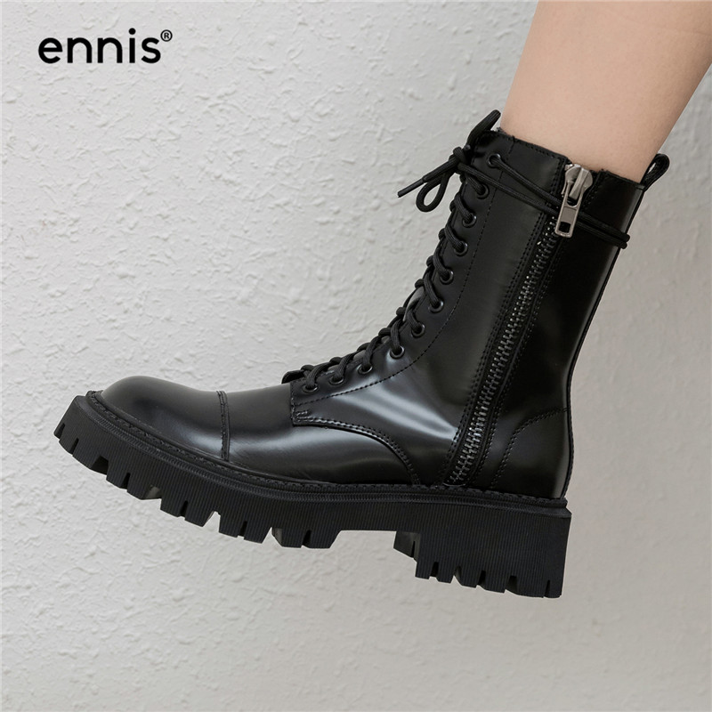 

ENNIS Platform Boots Female Genuine Leather Black Ankle Boots Punk Shoes Square Low Heel Women Autumn Winter A0242