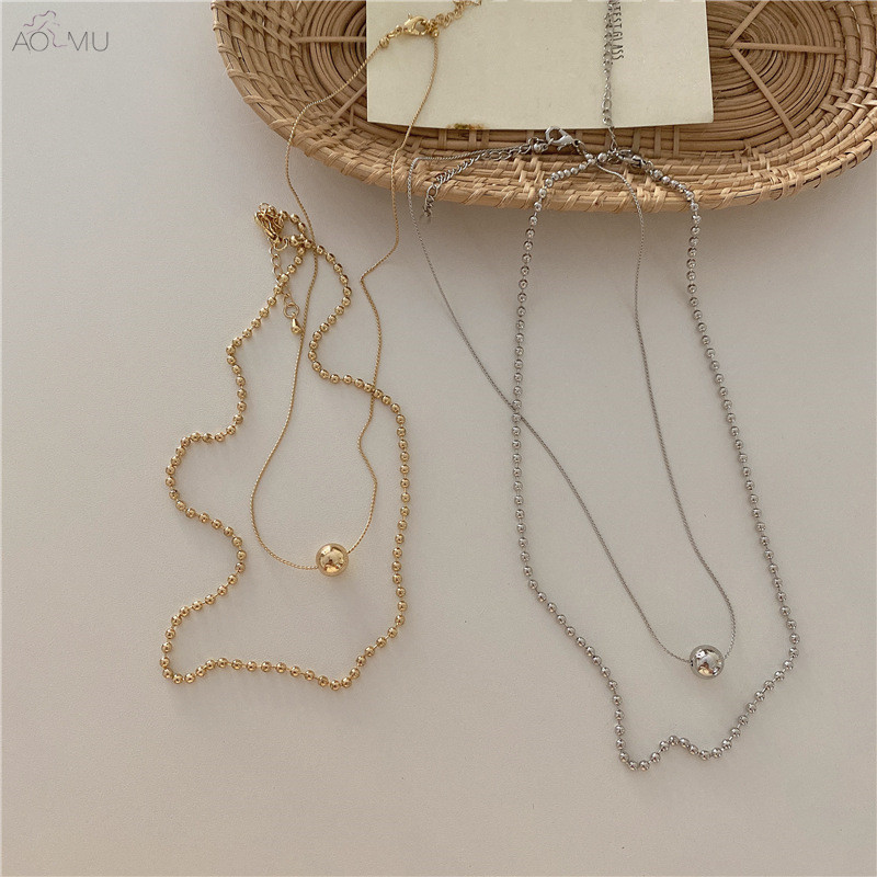 

AOMU 2020 Korean Retro Double Layer Round Ball Pendant Necklace Gold Silver Color Bead Necklace for Women New Jewelry Party