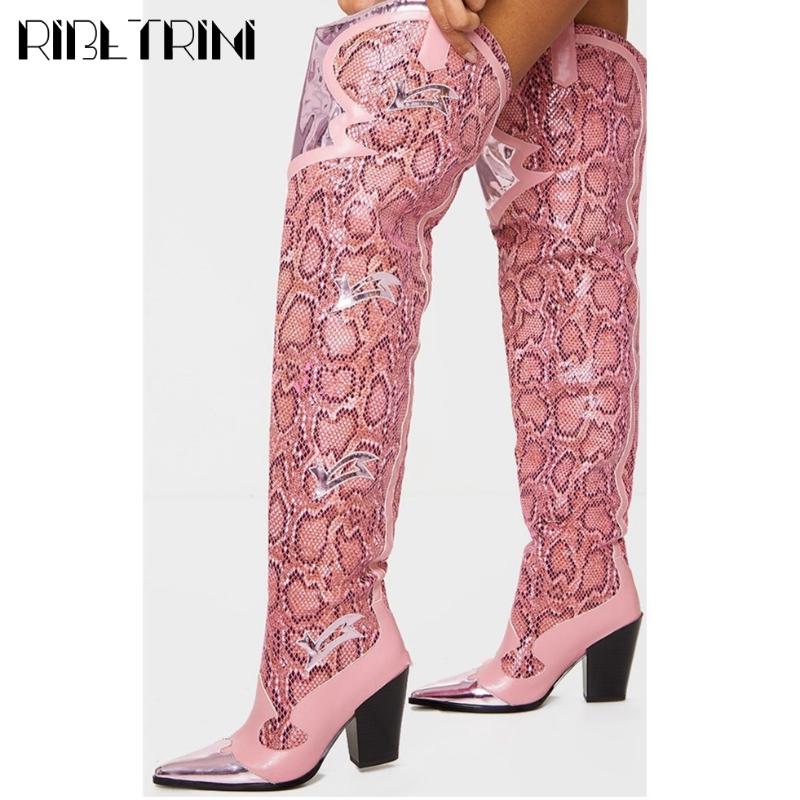 

RIBETRINI Big Size 35-43 Female Pointed Toe Thick High Heels Thigh High Shoes Over The Knee Women Boots Pink Print Boots