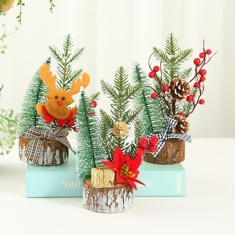 

1 PC Artificial Mini Christmas Tree Tabletop Christmas Tree with Wooden Base & Ornaments Festival Party Supplies