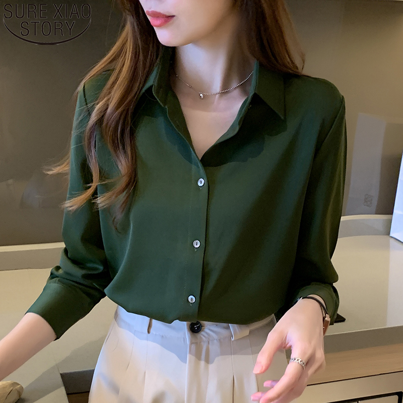 

Fashion Office Lady Shirt and Blouse 2020 Autumn Solid Silk Satin Shirt Long Sleeve Korean Clothing Women Tops 11053, Army green