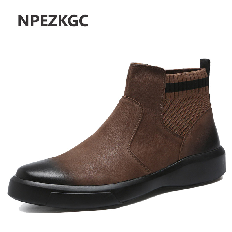 

NPEZKGC New 2020 Men Leather Boots Fashion Autumn Winter Warm Cotton Brand Ankle Boots slip on Men Shoes Footwear Casual, Black