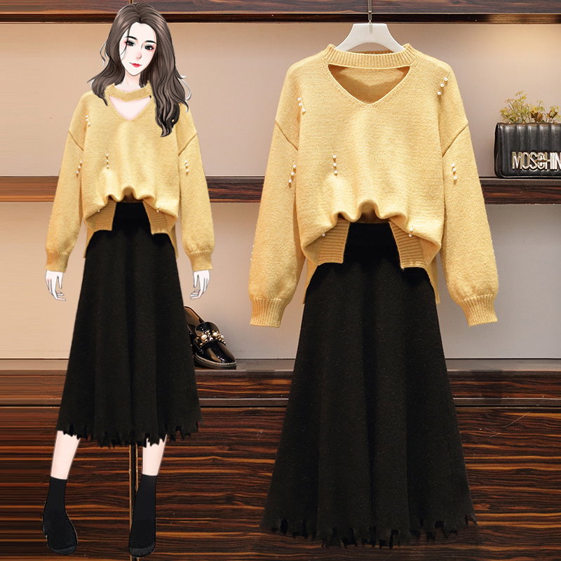 

big yards western style women's new winter younger sister sweater black long pleated skirt woman two pcs clothing set suits