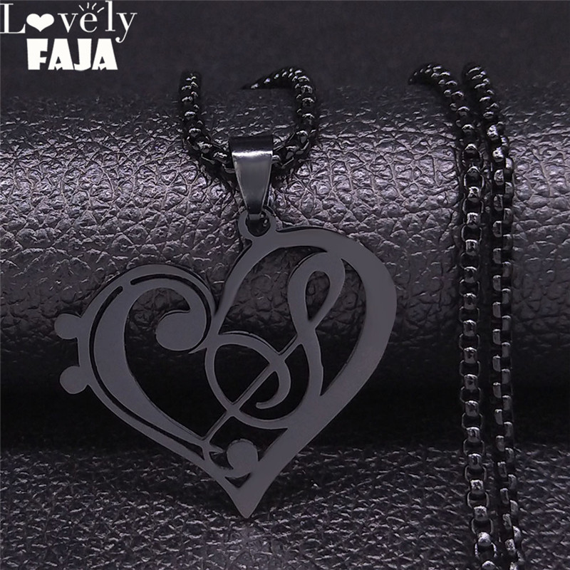 

2020 Fashion Music Note Stainless Steel Necklaces for Women Black Color Long Chain Necklace Jewelry collar mujer N1147S03