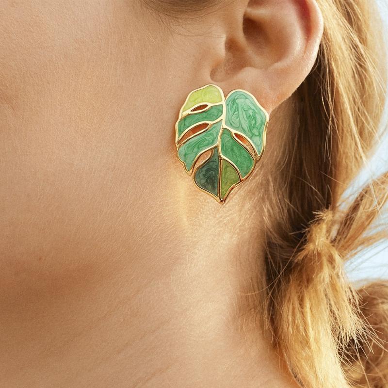

New Arrival Drop Oil Metal Leaf Earrings Summer Girls Female Ladies Fashion Big Ear Stud Green Drop Earrings Jewelry For Womens