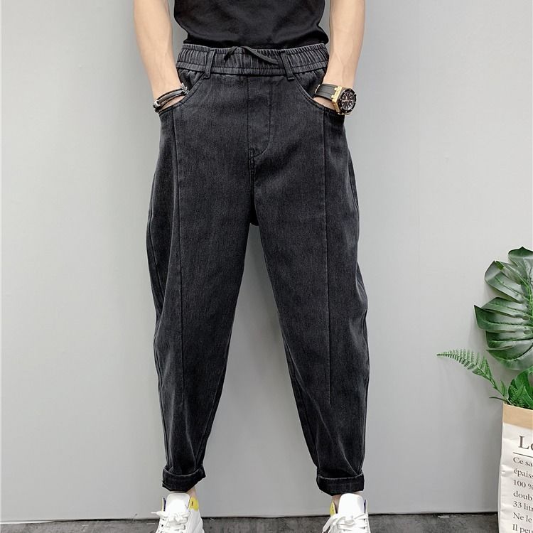 

2020 New Solid Color Small Feet Nine-point Jeans Men' Casual Pants Korean Style Trendy Pants Low-end Harem, Black gray