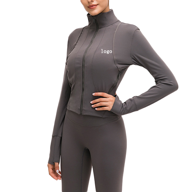 

Custom logo Womens Long Sleeve zipper Yoga Tops Thumb Hole Workout Shirts, Black