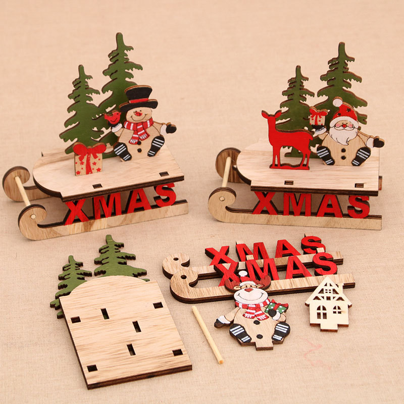 

1PC Wooden Christmas Sleigh Decors DIY Santa Deer Snowman Tree Table Top Ornaments for Home Office Xmas Holiday Party Supplies