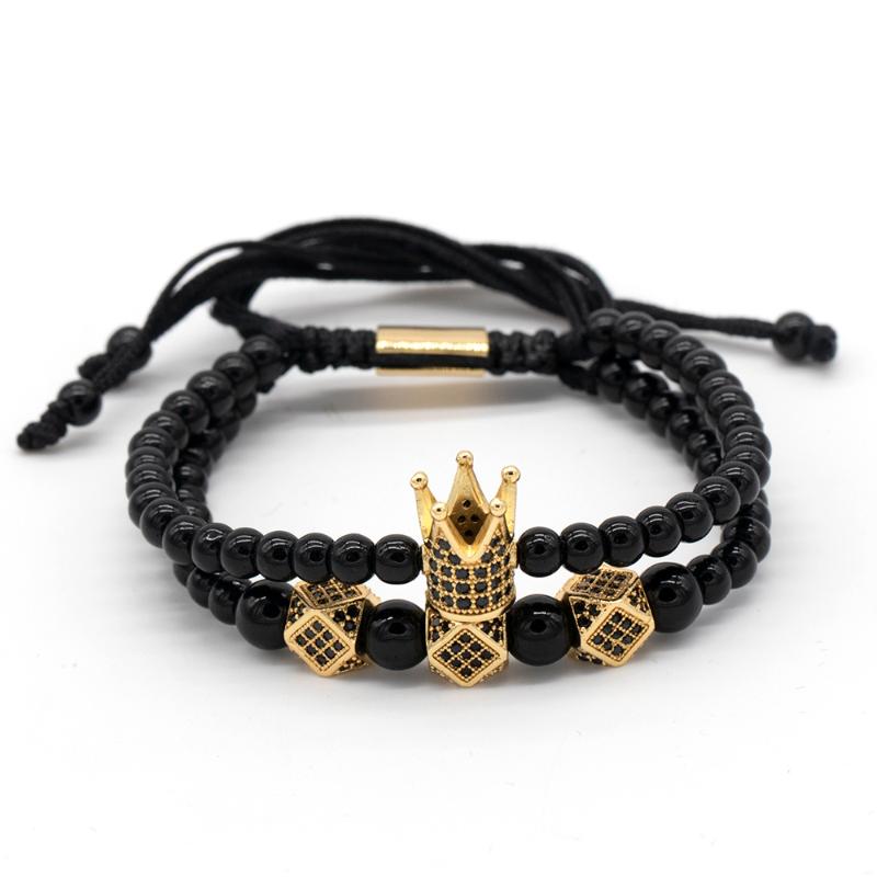 

2020 New Crown Charm Bracelet 4mm/6mm Black Round Natural Stone Beads Cubic Micro Pave CZ Women Gold Bracelet Men Pulseira Bilek