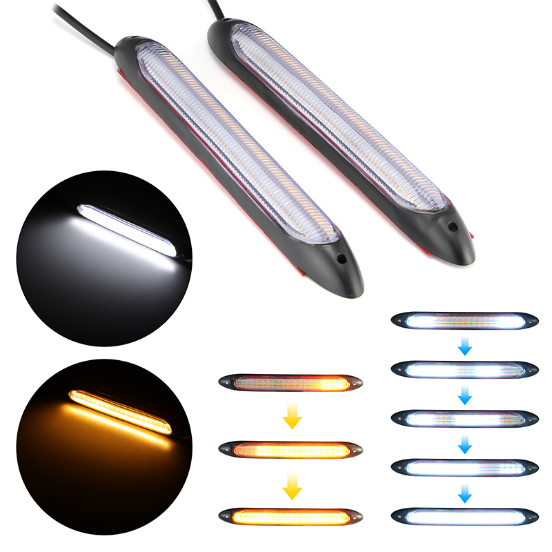 

2pcs Universal Car LED Daytime Running Light Scan Waterproof Headlight Strip Sequential Flow Yellow Turn Signal White DRL Light, As pic