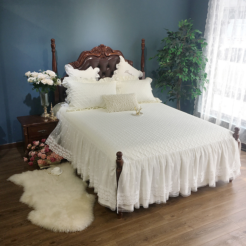 

3Pcs150X200cm/180X200cm Cream White Beige Lace Princess Bed skirt set Quilted Cotton Bedspread Pillowcase Queen King size 3Pcs, Color 1