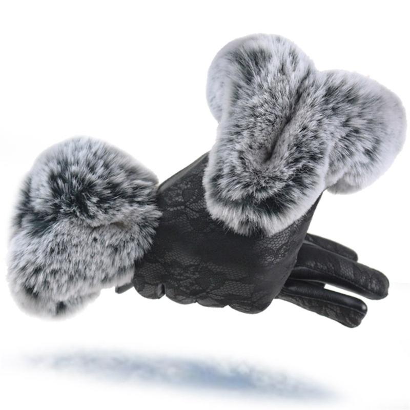 

Women's Gloves Winter Rex Fur Velvet Lace Gloves Warm Touch Screen Bike Running 9.6