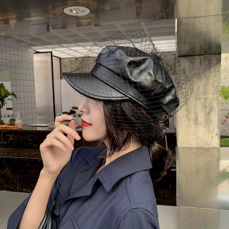 

New mesh PU Leather Hat Women's autumn winter Beret, Black