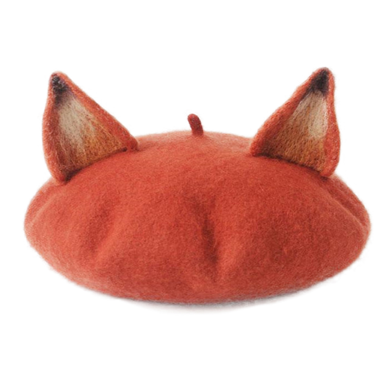 

New Retro For Women's Cute Ear Beret Caps Wool Blend Casual Warm Painter Hat Handmade Nick Cat Ear Beret Hat Hot Gift TG0283, Brick red