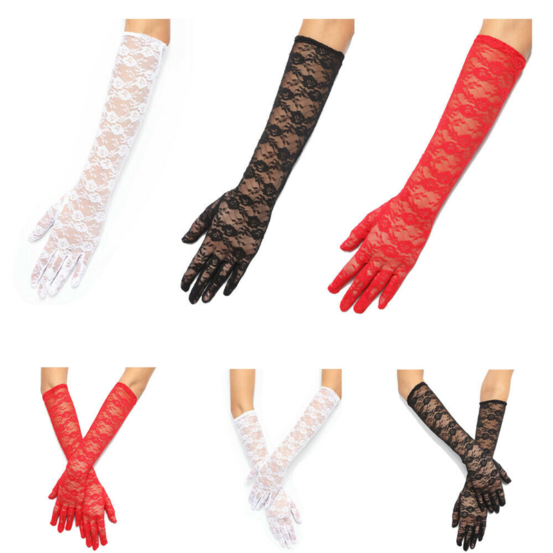 

Lace Gloves Transparent Tulle Long Semi Sheer Gloves Women Floral Print Dress Party Touchscreen