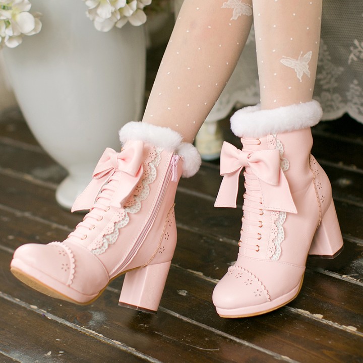 

Plus Size 40 Lolita Shoes Woman Ankle Boots Sweet Lace Bow Princess Snow Boots Fashion Side Zipper Platform Thick High Heel Boot, Pink p90