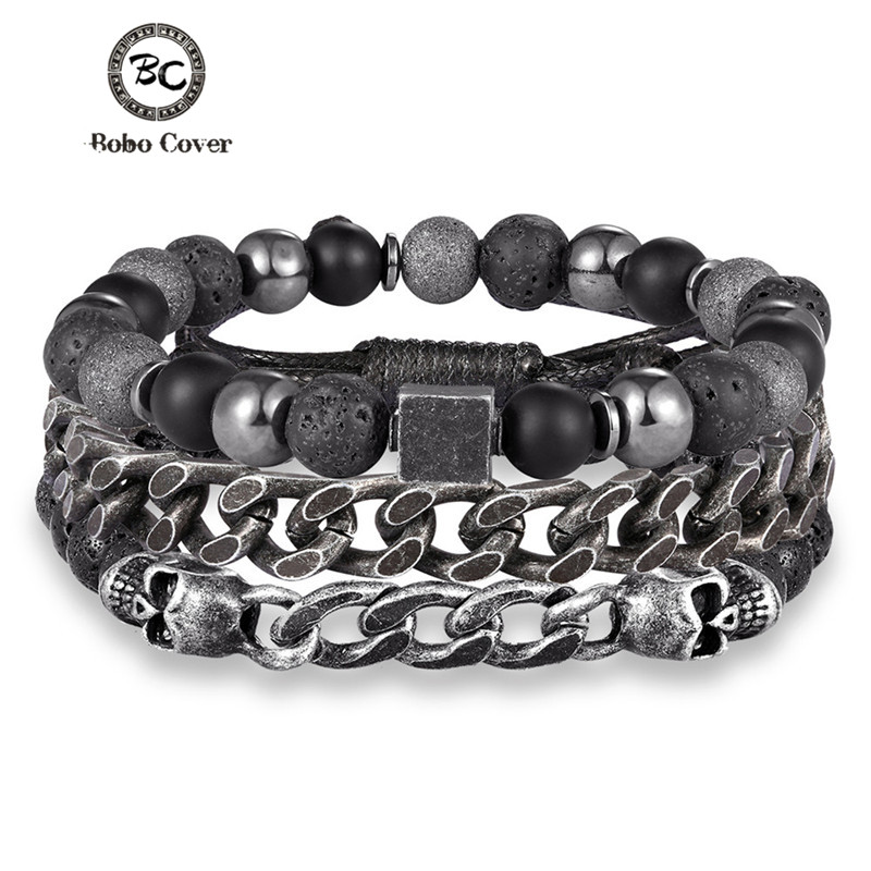 

Punk 3Pcs 1Set Skull Stone Beaded Bracelet Men Vintage Hematite Multilayer Link Chain Bracelet Male Handmade Custom Jewelry Gift