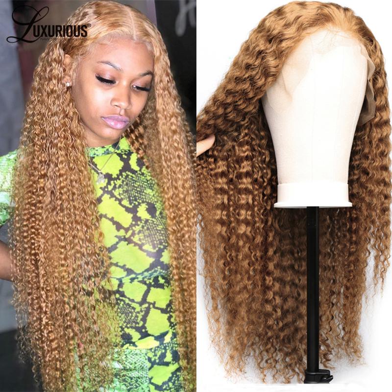 

#27 Honey Blonde Curly Lace Closure Wig Peruvian Remy Hair Glueless Lace Front Human Hair Wigs Pre Plucked With Baby, 27