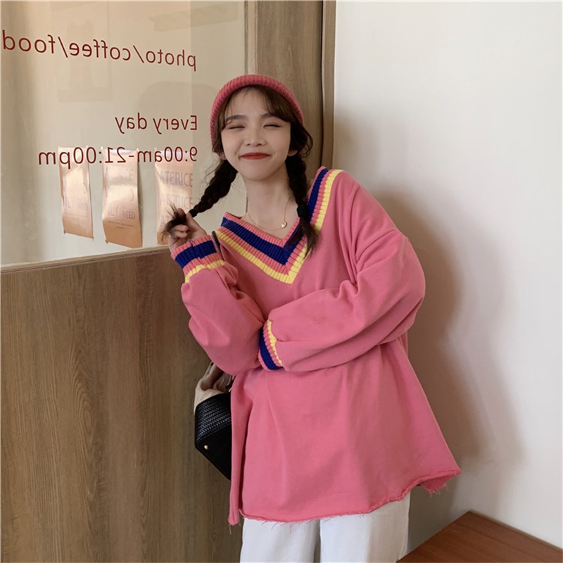 

2020 New Style Autumn Women Striped V Neck Pullovers Femme Korean Chic Fashion All-match Loose Tops Knit Jumper Sweaters, Ivory